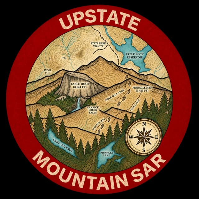 Upstate Mountain SAR circular patch logo featuring Table Rock and Pinnacle Mountain topographic map